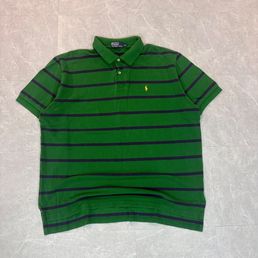 Polo Ralph Lauren Mens XXL Green Navy Blue Striped Short Sleeve Polo Shirt Pony - Picture 1 of 7